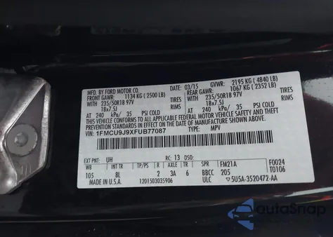 2015 Ford Escape Titanium из США, поврежденный, VIN 1FMCU9J9XFUB77087